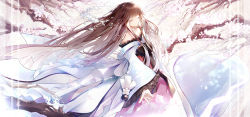Rule 34 | 1girl, bai qi-qsr, bare shoulders, black bow, bow, branch, brown hair, character request, closed eyes, closed mouth, collarbone, commentary request, floating hair, flower, forever 7th capital, frilled sleeves, frills, highres, long hair, long sleeves, off shoulder, pink flower, solo, tears, very long hair, wide sleeves