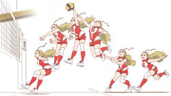 Rule 34 | 1girl, arm up, artist name, ball, blonde hair, brown eyes, commentary, frown, girls und panzer, hair pulled back, hairband, highres, jumping, knee pads, legs up, long hair, looking to the side, motion blur, open mouth, ponytail, progression, red shirt, red shorts, red socks, sasaki akebi, satou yasu, shirt, shoes, short shorts, shorts, signature, single vertical stripe, sleeveless, sleeveless shirt, sneakers, socks, spiking, sportswear, volleyball, volleyball (object), volleyball net, volleyball uniform, white hairband