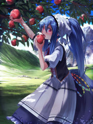 Rule 34 | 1girl, adapted costume, alternate hairstyle, apple, blue hair, blush, corset, dappled sunlight, european clothes, food, fruit, highres, hinanawi tenshi, ibuki notsu, jacket, long hair, looking at viewer, mountain, open clothes, open jacket, pink eyes, ponytail, puffy sleeves, shirt, short sleeves, skirt, solo, sunlight, touhou, tree, very long hair, vest