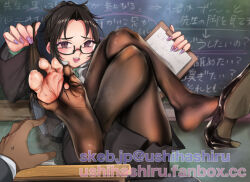 Rule 34 | 1girl, ana xenakis, barefoot, black hair, brown eyes, chalkboard, classroom, clipboard, crossed legs, desk, feet, foot focus, glasses, grief (series), long hair, looking at viewer, office, office lady, open mouth, pantyhose, shihashiru, shoe dangle, shoes, single shoe, soles, steam, sweat, teacher, toes, torn clothes, torn pantyhose, translated, unworn shoes