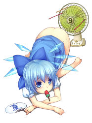 Rule 34 | circled 9, 1girl, all fours, ass, bad id, bad pixiv id, bare legs, barefoot, blue dress, blue eyes, blue hair, blue skirt, bottomless, bow, cirno, clothes lift, dress, dress lift, electric fan, fanning crotch, feet, food, hair bow, hand fan, ice cream, looking at viewer, matching hair/eyes, mouth hold, nekoeater, popsicle, puffy sleeves, shirt, short hair, short sleeves, skirt, solo, sweat, touhou, wings
