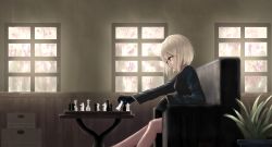 Rule 34 | 1girl, bad id, bad pixiv id, black gloves, bloody handprints, board game, box, breasts, chess, chess piece, day, gloves, handprint, highres, indoors, long sleeves, magaoo12, original, plant, potted plant, profile, short hair, silhouette, sitting, small breasts, solo focus, table, white hair, window, zombie