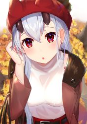 Rule 34 | 1girl, :o, arm up, autumn leaves, belt, belt buckle, beret, black belt, breasts, brown coat, buckle, coat, commentary request, earrings, fate/grand order, fate (series), hair between eyes, hat, head tilt, highres, horns, jewelry, long hair, long sleeves, looking at viewer, omelet tomato, oni, oni horns, open clothes, open coat, parted lips, red eyes, red hat, red skirt, shirt, silver hair, skirt, small breasts, solo, tomoe gozen (fate), tree, very long hair, white shirt