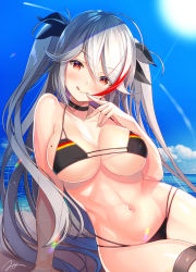 Rule 34 | 1girl, :q, atori, azur lane, beach, bikini, black bikini, black choker, black ribbon, blue sky, blush, breasts, choker, cleavage, closed mouth, cloud, collarbone, commentary request, day, eyebrows, finger to mouth, flag print, german flag, german flag bikini, large breasts, licking lips, long hair, looking at viewer, mole, mole on breast, multicolored hair, naughty face, navel, ocean, outdoors, prinz eugen (azur lane), prinz eugen (unfading smile) (azur lane), ribbon, sand, sideboob, silver hair, sitting, sky, smile, solo, streaked hair, swept bangs, swimsuit, thigh strap, tongue, tongue out, two side up, water