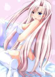 1girl blue_eyes blush breasts charlotte_hazellink duhong female_focus large_breasts long_hair md5_mismatch open_mouth pink_hair princess_lover sideboob sitting solo thighhighs very_long_hair wariza