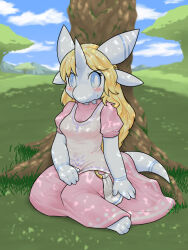 Rule 34 | 1girl, animal ears, animal feet, barefoot, blonde hair, blue eyes, blue sky, blush, borrowed character, breasts, bright pupils, closed mouth, cloud, colored skin, dappled sunlight, day, dragon girl, dress, female focus, full body, furry, furry female, grass, highres, horns, kame (3t), long dress, long hair, looking at viewer, medium breasts, original, outdoors, pink dress, puffy short sleeves, puffy sleeves, shirt, short sleeves, single horn, sitting, sky, sleeveless, sleeveless shirt, snout, solo, split mouth, sunlight, tail, tree, under tree, white pupils, white shirt, white skin, yokozuwari