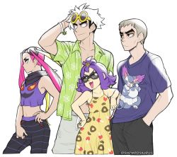 Rule 34 | 2boys, 2girls, acerola (pokemon), alternate costume, arbok, closed mouth, creatures (company), dress, elite four, eyewear on head, game freak, gen 1 pokemon, gen 2 pokemon, gen 4 pokemon, gen 7 pokemon, grey hair, guzma (pokemon), hands in pockets, island kahuna, long hair, multiple boys, multiple girls, nanu (pokemon), nintendo, open clothes, open mouth, open shirt, pink hair, plumeria (pokemon), pokemon, pokemon (creature), pokemon sm, purugly, red eyes, sandygast, short hair, short sleeves, shrimposaurus, simple background, sleeveless, sleeveless dress, spinarak, sunglasses, trial captain, twintails, twitter username, white background, white hair