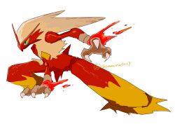 1other absurdres blaziken blonde_hair claws colored_sclera commentary_request creatures_(company) fire full_body furry game_freak gen_3_pokemon green_eyes highres nintendo other_focus pokemon pokemon_(creature) shiratamint simple_background solo twitter_username white_background yellow_sclera