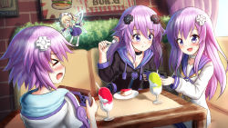 Rule 34 | &gt; &lt;, 4girls, :d, :t, adult neptune, black choker, black jacket, blush, booth seating, breasts, brick wall, choker, cleavage, closed eyes, closed mouth, commentary, curtains, d-pad, day, detached sleeves, dress, eating, english commentary, food, fork, hair between eyes, handheld game console, highres, histoire, holding, holding fork, holding handheld game console, hood, hood down, hooded jacket, hoodie, indoors, jacket, long hair, long sleeves, medium breasts, multiple girls, neckerchief, nepgear, neptune (neptunia), neptune (series), open mouth, profile, prophosphere, purple dress, purple eyes, purple hair, purple sailor collar, purple sleeves, sailor collar, sailor dress, saucer, seat, shaved ice, shin jigen game neptune vii, sitting, sleeveless, sleeveless dress, smile, sunlight, table, tears, very long hair, wavy mouth, white choker, white dress, white hoodie, window, yellow neckerchief