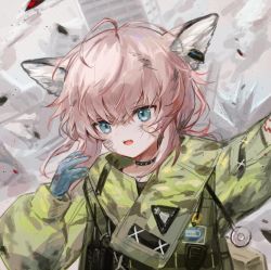 Rule 34 | 1girl, alternate costume, animal ear fluff, animal ears, arknights, bandaid, bandaid on face, blue eyes, blue gloves, camouflage, camouflage jacket, debris, dirty, dirty face, fox ears, gloves, green jacket, grey background, infection monitor (arknights), jacket, long sleeves, open mouth, pink hair, solo, spacelongcat, sussurro (arknights), upper body