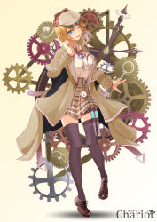 Rule 34 | 1girl, :d, black thighhighs, blonde hair, blue eyes, breasts, brown coat, brown footwear, brown hat, chariot (teachariot828), coat, collar, collared shirt, dark-skinned female, dark skin, female focus, full body, gears, gradient background, hair ornament, hat, highres, hololive, hololive english, holster, long sleeves, looking at viewer, medium breasts, medium hair, monocle, necktie, one eye closed, open mouth, plaid, plaid skirt, pleated skirt, pocket watch, red necktie, shirt, shirt tucked in, skirt, smile, solo, stethoscope, syringe, thigh holster, thighhighs, upper body, virtual youtuber, watch, watson amelia, watson amelia (1st costume), white collar, white shirt