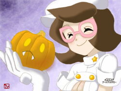 Rule 34 | 1girl, aether foundation uniform, alternate costume, big hair, breasts, buttons, cleavage, closed eyes, creatures (company), fhss5734, food, game freak, gen 6 pokemon, glasses, gloves, hat, holding, holding food, holding pumpkin, holding vegetable, jack-o&#039;-lantern, jumpsuit, large breasts, nintendo, overalls, pink-framed eyewear, pokemon, pokemon (anime), pokemon sm (anime), pumpkaboo, pumpkin, purple hair, short hair, short sleeves, solo, turtleneck jumpsuit, vegetable, white gloves, white hat, white jumpsuit, white overalls, white uniform, wicke (pokemon)