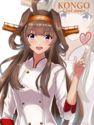 Rule 34 | 1girl, absurdres, brown hair, chef, hair ornament, highres, jewelry, kantai collection, kongou (kancolle), long hair, purple eyes, ring, roko roko (doradorazz), twitter username, white background