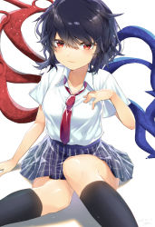 Rule 34 | 1girl, asymmetrical wings, black hair, black socks, blue skirt, blue wings, blush, collarbone, commentary request, dated, feet out of frame, hair between eyes, hand on own chest, hand up, highres, houjuu nue, kisamu (ksmz), kneehighs, looking at viewer, miniskirt, necktie, plaid, plaid skirt, red eyes, red necktie, red wings, shadow, shirt, short hair, short sleeves, simple background, sitting, skirt, smile, socks, solo, touhou, white background, white shirt, wing collar, wings