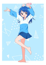 Rule 34 | 1girl, arms up, barefoot, blue background, blue eyes, blue hair, blue shirt, blue skirt, casual, commentary, hair down, highres, hirogaru sky! precure, holding, kyanos (b 0000ff), leg up, long hair, long sleeves, looking at viewer, miniskirt, open mouth, pleated skirt, precure, shirt, skirt, sky mirage, smile, solo, sora harewataru, standing, standing on one leg, t-shirt, v-neck