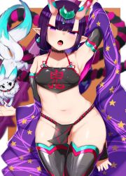 Rule 34 | 1girl, armpits, black choker, black thighhighs, breasts, choker, covered erect nipples, creature, detached sleeves, earrings, fate/grand order, fate (series), hand up, headpiece, highres, jewelry, long sleeves, looking at viewer, low twintails, medium hair, open mouth, pelvic curtain, pointy ears, purple eyes, purple hair, shawl, shuten douji (fate), shuten douji (fate/grand order), shuten douji (halloween caster) (fate), small breasts, solo, stirrup legwear, thigh gap, thighhighs, toeless legwear, toes, twintails, utsusumi kio