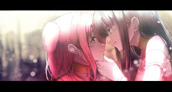 Rule 34 | 2girls, absurdres, aqua eyes, black hair, blurry, blurry background, bokeh, depth of field, eye contact, face-to-face, grabbing another&#039;s chin, hand on another&#039;s chin, highres, inferno phoenix, jewelry, kurosawa dia, kurosawa ruby, letterboxed, long hair, looking at another, love live!, love live! sunshine!!, multiple girls, necklace, otsumami (otsu-mugi), red hair, siblings, sisters, smile, two side up, upper body