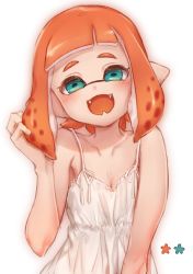 Rule 34 | 1girl, adjusting hair, bad id, bad pixiv id, blunt bangs, breasts, dress, fangs, green eyes, highres, inkling, inkling girl, inkling player character, looking at viewer, mimimi (echonolog), nintendo, open mouth, orange hair, pointy ears, short hair, simple background, small breasts, smile, solo, spaghetti strap, splatoon (series), splatoon 2, standing, sundress, tentacle hair, upper body, white background, white dress