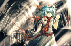 Rule 34 | 1girl, absurdres, bad id, bad pixiv id, bat wings, blue hair, female focus, hat, hat ribbon, highres, huanxiang heitu, polearm, puffy sleeves, red eyes, remilia scarlet, ribbon, scarf, short hair, solo, spear, sunlight, touhou, weapon, wings