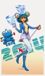 Rule 34 | 10s, 2014, animal costume, blue dress, boots, breasts, center opening, cleavage, dress, frog, frog costume, full-length zipper, green hair, hood, horizontal pupils, knee boots, mascot, no bra, olympics, open clothes, pantyhose, red eyes, saw, skirt, tr0yka, unzipped, winter olympics, zipper, zoich