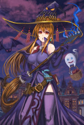 Rule 34 | 1girl, agetake, apple, bare shoulders, basket, bat (animal), belt, book, breasts, broom, brown hair, candle, covered navel, earrings, elbow gloves, food, fruit, ghost, gloves, hat, highres, jewelry, long hair, open mouth, orange hair, original, pouch, purple gloves, purple thighhighs, red eyes, stuffed animal, stuffed rabbit, stuffed toy, talisman, thighhighs, witch, witch hat