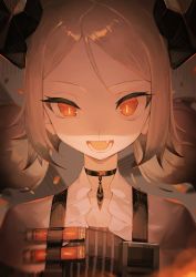 Rule 34 | 1girl, absurdres, arknights, black choker, bright pupils, brown hair, choker, demon horns, fang, feathers, forehead, highres, horns, ifrit (arknights), light, long hair, looking at viewer, low twintails, miyama (tokiwairo8), open mouth, orange eyes, portrait, shaded face, solo, twintails