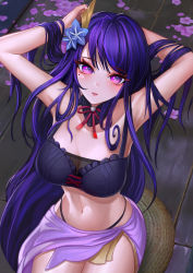 Rule 34 | 1girl, absurdres, arms up, breasts, cleavage, clothing request, commentary request, dark 0714, flower, genshin impact, hair ornament, highres, large breasts, long hair, looking at viewer, mole, mole under eye, navel, open mouth, purple eyes, purple flower, purple hair, raiden shogun, ribbon, sitting, solo, wooden floor