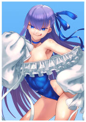 Rule 34 | 1girl, :q, blue choker, blue eyes, blue one-piece swimsuit, blue ribbon, breasts, choker, commentary request, cowboy shot, fate/grand order, fate (series), frilled one-piece swimsuit, frills, hair ribbon, highleg, highleg swimsuit, lc butter, licking lips, long hair, looking at viewer, meltryllis, meltryllis (fate), meltryllis (swimsuit lancer) (fate), meltryllis (swimsuit lancer) (second ascension) (fate), one-piece swimsuit, purple hair, ribbon, sleeves past fingers, sleeves past wrists, small breasts, solo, strapless, strapless one-piece swimsuit, swimsuit, tongue, tongue out