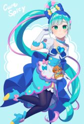 Rule 34 | 1girl, absurdres, ake blood, ankle boots, apron, back bow, black pantyhose, blue bow, blue dress, blue footwear, blue hair, boots, bow, character name, closed mouth, commentary, cure spicy, delicious party precure, detached collar, dress, drill hair, floating, fuwa kokone, gloves, green eyes, hair ornament, heart, high heel boots, high heels, highres, large bow, leg up, long hair, looking at viewer, magical girl, medium dress, multicolored hair, pam-pam (precure), pantyhose, precure, puffy short sleeves, puffy sleeves, purple hair, short sleeves, side ponytail, smile, solo, streaked hair, very long hair, waist apron, white gloves