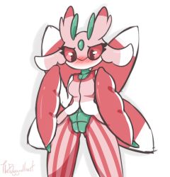 Rule 34 | 1girl, antennae, arthropod girl, artist name, blush, breasts, collarbone, colored sclera, creatures (company), embarrassed, female focus, furry, furry female, game freak, gen 7 pokemon, hands up, highres, legs apart, looking down, lurantis, medium breasts, navel, nintendo, no mouth, pink sclera, pinstripe pattern, pokemon, pokemon (creature), pokemon sm, pussy, red eyes, signature, simple background, solo, standing, striped, text focus, thepolygonheart, third-party edit, uncensored, white background