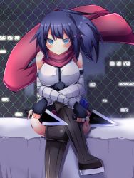 Rule 34 | 1girl, absurdres, aqua eyes, bandages, black footwear, black gloves, blue hair, boots, breasts, check commentary, cityscape, closed mouth, commentary, commentary request, crossed legs, fingerless gloves, gloves, highres, holding, holding weapon, kunai, kuu (mizuku2), kuucha (kuu), looking at viewer, medium hair, night, ninja, original, outdoors, ponytail, red scarf, scarf, sitting, solo, weapon