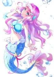 Rule 34 | 1girl, blue eyes, blush, bracelet, closed mouth, crop top, fins, floating hair, full body, groin, hair intakes, hair ornament, head fins, highres, jewelry, kyoutsuugengo, laura la mer, long hair, mermaid, midriff, monster girl, navel, pink hair, precure, red ribbon, ribbon, smile, solo, sparkle, stomach, tropical-rouge! precure, very long hair, white background