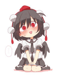 Rule 34 | ..., 1girl, :d, absurdres, black hair, black necktie, black skirt, black socks, black wings, blush, chibi, collared shirt, colored shadow, dress shirt, feathered wings, frilled skirt, frills, full body, hair between eyes, hands on lap, hat, head tilt, highres, looking at viewer, mini hat, necktie, no shoes, nose blush, open mouth, own hands together, pleated skirt, pom pom (clothes), puffy short sleeves, puffy sleeves, red eyes, red hat, red tassel, shadow, shameimaru aya, shirt, short sleeves, simple background, sitting, skirt, smile, socks, solo, spoken ellipsis, sweat, tokin hat, totoharu (kujirai minato), touhou, wariza, white background, white shirt, wings