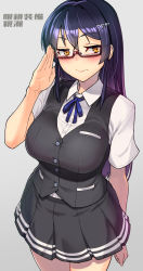 Rule 34 | 1girl, bespectacled, black hair, black skirt, black vest, blue ribbon, breasts, commentary request, cowboy shot, glasses, grey background, hair between eyes, hair ornament, hairclip, hand up, highres, kantai collection, large breasts, long hair, looking at viewer, miniskirt, neck ribbon, oyashio (kancolle), pleated skirt, red-framed eyewear, ribbon, shirt, short sleeves, sidelocks, simple background, skirt, skirt set, solo, standing, taketora suzume, thighs, translation request, vest, white shirt, yellow eyes