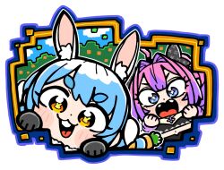 2girls :3 :d ahoge animal_ear_fluff animal_ears bkub black_gloves black_ribbon blue_eyes blue_hair blush bright_pupils buck_teeth carrot_hair_ornament chibi chibi_only cross-shaped_pupils dot_nose double-parted_bangs eyelashes fangs fingernails food-themed_hair_ornament gloves hair_intakes hair_ornament hair_ribbon highres hololive hololive_dev_is kikirara_vivi long_hair minecraft multicolored_hair multiple_girls nail_polish navel open_mouth orange_eyes pink_hair pink_nails print_ribbon purple_hair rabbit-shaped_pupils rabbit_ears rabbit_girl ribbon simple_background smile sparkle_print symbol-shaped_pupils teeth two-tone_hair usada_pekora usada_pekora_(1st_costume) virtual_youtuber white_background white_hair white_pupils yellow_pupils