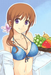 Rule 34 | 00s, 1girl, alternate hairstyle, bare shoulders, bikini, bikini top only, blue bikini, blue eyes, breasts, brown hair, cleavage, food, front-tie top, fruit, jacket, jacket over swimsuit, jewelry, large breasts, long hair, lyrical nanoha, mahou shoujo lyrical nanoha, mahou shoujo lyrical nanoha strikers, navel, necklace, open clothes, purple eyes, shirogane (fox), smile, solo, swimsuit, takamachi nanoha, tray