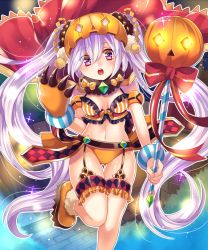 Rule 34 | 1girl, cape, garter straps, halloween, hat, long hair, navel, official art, purple hair, red eyes, senjou no electro girl, shina shina, single glove, solo, staff, thighhighs, twintails, very long hair