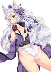 Rule 34 | 10s, 1girl, animal ears, ass, bad anatomy, blue eyes, blush, breasts, butt crack, covered erect nipples, detached sleeves, erune, fox ears, fox tail, from behind, fukuda shuushi, granblue fantasy, hair ornament, highres, large breasts, long hair, looking at viewer, looking back, panties, pelvic curtain, shiny skin, sideboob, silver hair, simple background, smile, societte (granblue fantasy), solo, tail, underwear, very long hair, white background, white panties