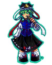 Rule 34 | 1girl, blue vest, bow, breasts, chibi, frilled hat, frills, green eyes, green hair, green headwear, green outline, hat, outline, red bow, renata greynoria, rod of remorse, shiki eiki, shirt, small breasts, touhou, transparent background, vest, white bow, white shirt