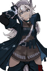 Rule 34 | 1girl, absurdres, animal ears, arknights, black gloves, black jacket, black pants, brown shirt, clenched teeth, cowboy shot, gloves, grani (arknights), grey eyes, grey hair, hand up, highres, hip vent, horse ears, horse girl, jacket, long sleeves, looking at viewer, open clothes, open jacket, pants, satisfy027, shirt, simple background, smile, solo, teeth, white background