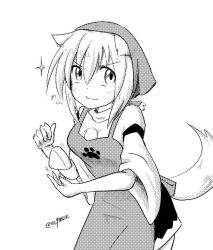 Rule 34 | 1girl, :3, animal ears, blush, breasts, detached sleeves, food, greyscale, inubashiri momiji, looking at viewer, medium breasts, monochrome, pom pom (clothes), short hair, smile, solo, tail, taurine 8000mg, touhou, wolf ears, wolf tail