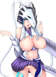 Rule 34 | 1girl, artist name, artist request, fellatio gesture, blue eyes, breasts, clothes lift, dragon, dragon girl, dragon tail, duel monster, fellatio, gesture, helmet, highres, large breasts, long hair, looking at viewer, mask, mask on head, mask over one eye, nipples, no bra, no panties, open mouth, oral, ornament, purple skirt, skirt, skirt lift, solo, solo focus, swordsoul (yu-gi-oh!), swordsoul of mo ye, tail, tail lifting skirt, thick thighs, thighhighs, thighs, tongue, tongue out, white background, white hair, yu-gi-oh!, yu-gi-oh! duel monsters