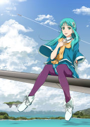 Rule 34 | 1girl, apr, aqua hair, boots, cloud, day, floating island, flying, forest, green eyes, hair ornament, island, long hair, looking at viewer, macross, macross 30, mecha, mina forte, nature, ocean, pantyhose, robot, scarf, science fiction, sitting, sky, smile, solo, tree, water, wide sleeves, yf-30