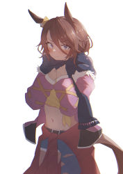 Rule 34 | 1girl, absurdres, animal ears, asymmetrical clothes, belt, blush, brown hair, closed mouth, clothes around waist, denim, dhuten, hair bet, highres, horse ears, horse girl, horse tail, jacket, jeans, long sleeves, looking at viewer, midriff, narita taishin (umamusume), navel, pants, pink jacket, scarf, shirt, short hair, simple background, single pantsleg, solo, standing, tail, tied shirt, torn clothes, torn jeans, torn pants, umamusume, v-shaped eyebrows, white background, yellow shirt