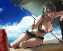 Rule 34 | 1girl, absurdres, abys, alternate costume, bare shoulders, beach, belt, bikini, black belt, breasts, closed mouth, collarbone, commentary request, dated, day, expressionless, feet out of frame, girls&#039; frontline, green bikini, green eyes, green shorts, hair between eyes, highres, large breasts, lips, long hair, looking at viewer, lying, ocean, outdoors, shorts, sideboob, signature, solo, swimsuit, ump40 (girls&#039; frontline), underboob