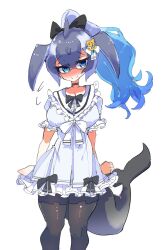 Rule 34 | 100maru, 1girl, anchor hair ornament, blowhole, blue eyes, blue hair, blue whale (kemono friends), blush, bow, bowtie, breasts, cetacean tail, dress, fins, fish tail, frilled dress, frills, glasses, grey hair, hair ornament, highres, japari symbol, kemono friends, kemono friends 3, large breasts, long hair, looking at viewer, multicolored hair, pantyhose, smile, tail