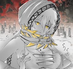 Rule 34 | 1girl, bandages, breasts, candle, cape, cleavage, code vein, hood, io (code vein), jewelry, large breasts, mrbudguy, necklace, paizuri, uncensored, white theme, yellow theme