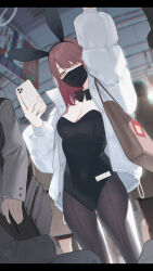 Rule 34 | 1girl, absurdres, animal ears, arm up, bag, black leotard, bow, bowtie, breasts, brown hair, cellphone, detached collar, fake animal ears, grey jacket, hand grip, highres, holding, holding hand grip, holding phone, jacket, large breasts, leotard, long sleeves, looking at viewer, mask, medium breasts, mouth mask, multiple others, open clothes, open jacket, original, padded jacket, pantyhose, phone, playboy bunny, rabbit ears, rerrere, shoulder bag, smartphone, solo focus, standing, strapless, strapless leotard, train interior, yellow eyes