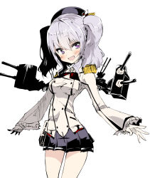 10s 1girl blue_eyes female_focus kantai_collection kashima_(kancolle) kuroneko_no_toorimichi open_mouth silver_hair smile solo turret twintails uniform wavy_hair