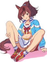 Rule 34 | 1girl, animal ears, blue jacket, bow, breasts, brown eyes, cheerleader, commentary request, ear ornament, highres, horse ears, horse girl, horse tail, jacket, long sleeves, looking at viewer, medium hair, midriff, multicolored hair, navel, nice nature (run&amp;win) (umamusume), nice nature (umamusume), official alternate costume, official alternate hairstyle, on ground, open clothes, open jacket, panties, pleated skirt, ponytail, red bow, red footwear, red hair, shoes, simple background, skirt, small breasts, smile, sneakers, socks, solo, streaked hair, tail, thigh strap, umamusume, underwear, vest, wa (wamizest7), white background, white skirt, white socks, yellow panties